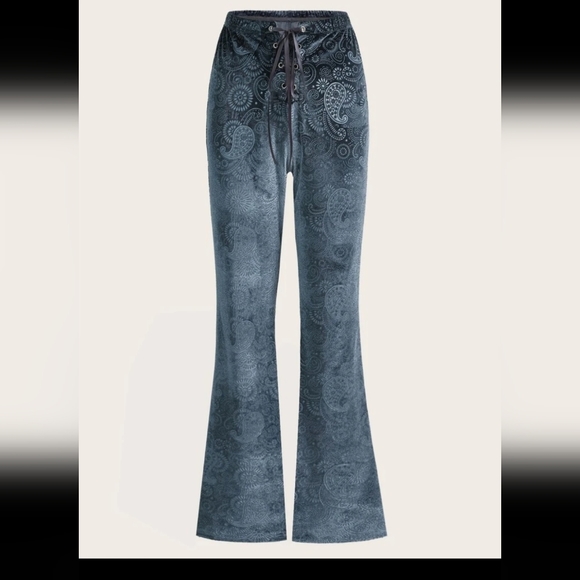Pants - PAISLEY Print Lace Up Velvet Flare Leg Pants
